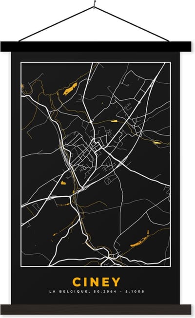 Posterhanger incl. Poster 40x60 cm - Schoolplaat - Stadskaart - Plattegrond - Ciney - Goud - Kaart - Textielposter - Zwarte latten - Stadskaart