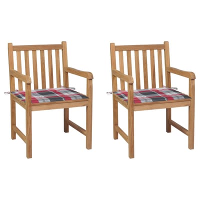 vidaXL - Tuinstoelen - 2 - st - met - rood - geruite - kussens - massief - teakhout