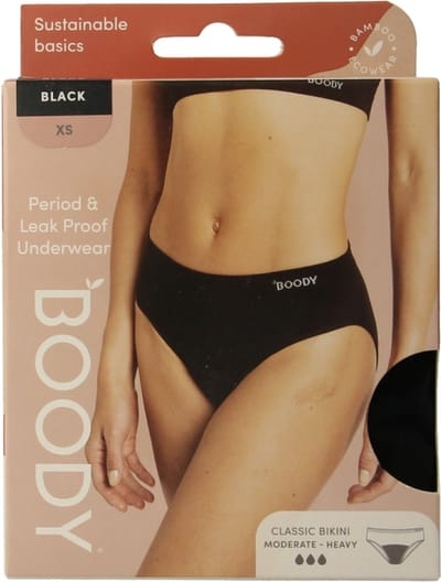 Boody - Bamboe Classic Bikinislip menstruatieondergoed - Zwart - Normaal/Hevig (ca. 15 ml/3 tampons) maat XS