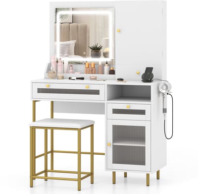 COSTWAY Make-uptafel met ledverlichting, kaptafel met laadstation, sieradenkast, kruk, spiegel, 3 laden, kast & haardrogerhouder, cosmeticatafel, wit