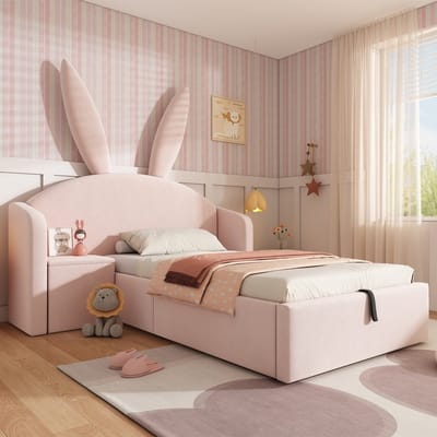 Pugsdrly Gestoffeerd bed 90x200 cm in roze met konijnenoren-look, kinderbed met opbergbox & bijzettafel, fluweel zacht bed (zonder matras)