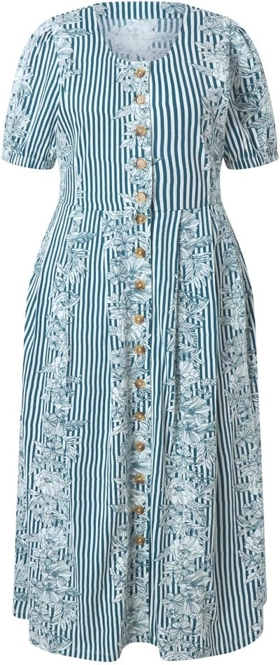 Ulla Popken - Dames - Maxi jurk van jersey bloemen ronde hals korte mouwen - Petrol - Maat 42