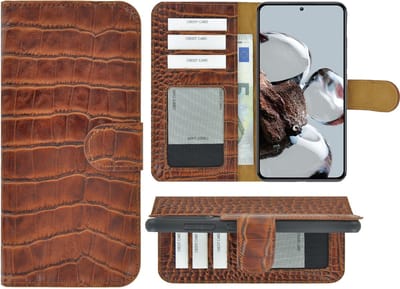 MoDo hoesje voor Xiaomi 12T/ 12T Pro - Echt Leer Book Case - Croco Kaneelbruin