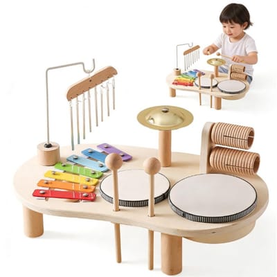 Montessor 7-in-1 multifunctioneel drumstel van hout, leuk educatief muziekspeelgoed voor kinderen