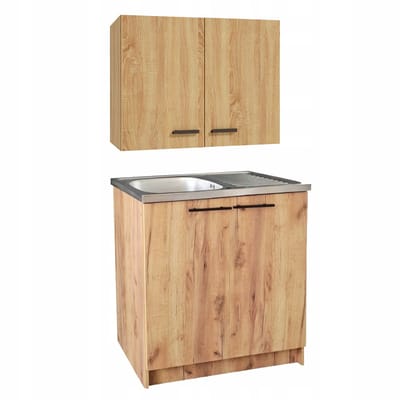 STAMAR - Keuken Set: Wandkast 80 cm + Onderkast - Keukenmeubel + Spoelbak + Sifon - Eiken Goud