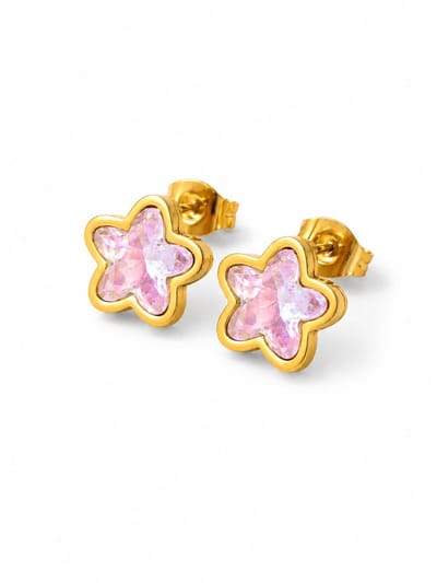 Oorbellen Ster Meisje Goudkleurig- Oorknopjes Ster- Sterretjes Oorbellen- Roze- Strass- Kind- Cadeau Meisje- -Stainless Steel- LiLaLove