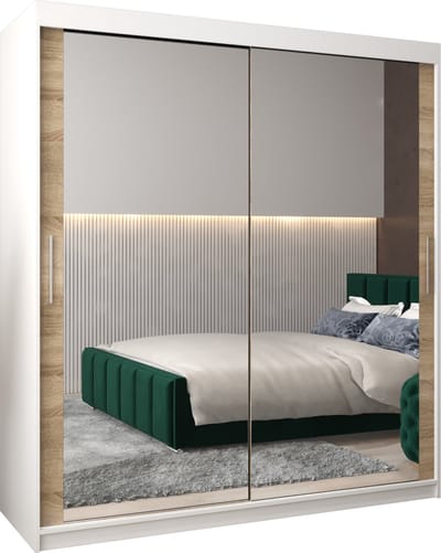 InspireMe - Kledingkast met 2 schuifdeuren, Modern-stijl, Kledingkast met planken (BxHxD): 180x200x62 - TORM III 180 Wit Mat + Sonoma Eik