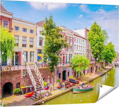 Gards Tuinposter Huisjes aan de Oudegracht in Utrecht - 120x90 cm - Tuindoek - Tuindecoratie - Wanddecoratie buiten - Tuinschilderij