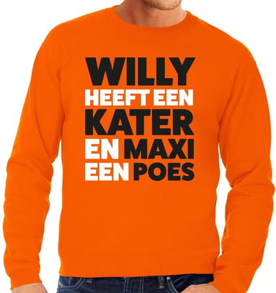 Oranje tekst sweater / trui Willy heeft een kater en Maxi een poes t-shirt oranje heren - Koningsdag kleding S