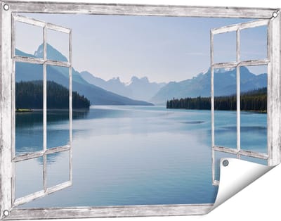 Gards Tuinposter Doorkijk Meer bij de Bergen in Alberta, Canada - 90x60 cm - Tuindoek - Tuindecoratie - Wanddecoratie buiten - Tuinschilderij