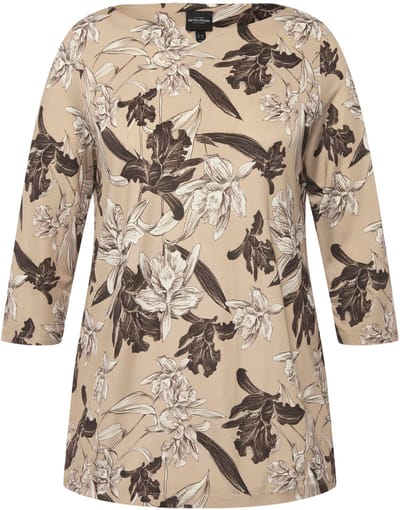Ulla Popken - Dames - Slinky shirt A-lijn bootnek 3/4-mouwen - Beige - Maat 42+