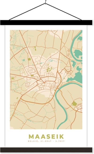 Posterhanger incl. Poster 40x60 cm - Schoolplaat - België - Stadskaart - Plattegrond - Maaseik - Kaart - Textielposter - Zwarte latten - Stadskaart