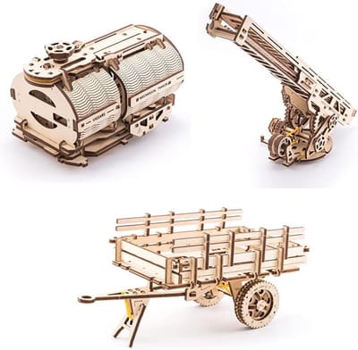 Houten Mechanische Vrachtwagen Accessoireset: Tankwagen, Ladderwagen en Trailer Onderdelen