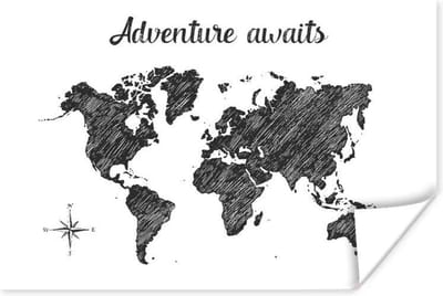 Poster 30x20 cm - Wereldkaart - Quote - Adventure Awaits - Posters - Kamer decoratie - Wanddecoratie woonkamer - Muurdecoratie slaapkamer