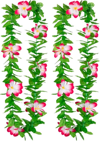 Boland Hawaii krans/slinger - 2x - Tropische kleuren mix groen/roze - Bloemen hals slingers