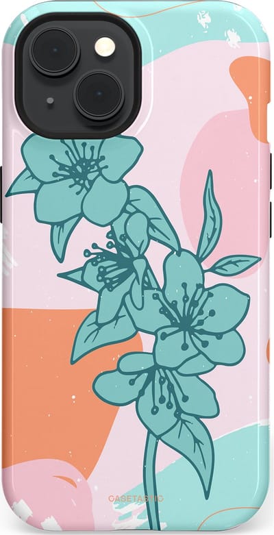 Casetastic hoesje geschikt voor Apple iPhone 15 - MagSafe - Dubbellaagse bescherming - Roze Oranje Turqoise Bloemen Modern - Fashion Case - Wit Mintgroen Perzik Lichtroze