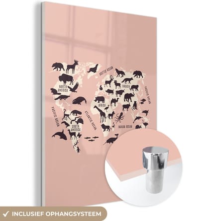 MuchoWow® Glasschilderij 60x80 cm - Schilderij acrylglas - Wereldkaart - Dieren - Roze - Foto op glas - Schilderijen