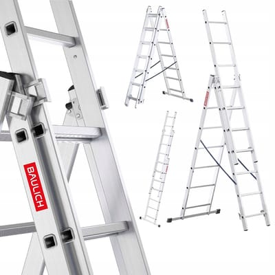 Baulich Aluminium opvouwbare multifunctionele vouwladder - 3 secties, 3x7 treden, met stabilisator, draagvermogen 150 kg, maximale werkhoogte 423 cm, licht en duurzaam