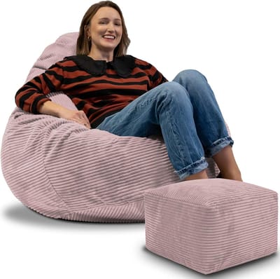 DreamRoots Zitzak voor Volwassenen of Kinderen – Corduroy Beanbag met Voetsteun en Afneembare Hoes – Inclusief Vulling – 90x90x100 cm – Silver Pink