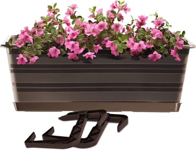KADAX Bloembak, 40 cm, met onderzetters en 2 handgrepen, bruin, balkonpot van kunststof, weerbestendige plantenbak, bloempot, balustrade voor bloemen, kruiden