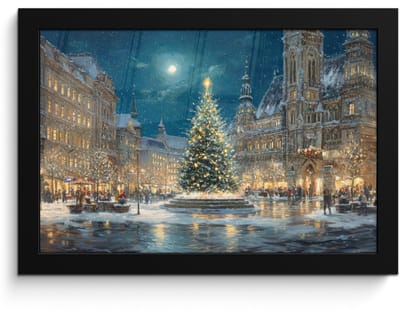 Poster in lijst - Fotolijst 30x20 cm - Posters - Kerstnacht - Stadsplein - Meerkleurig - Posterlijst zwart - Decoratie - Wanddecoratie woonkamer - Muurdecoratie slaapkamer - Kerstversiering - Kerstdecoratie voor binnen - Kerstmis