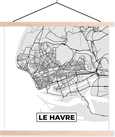 Posterhanger incl. Poster 40x40 cm - Schoolplaat - Le Havre - Plattegrond - Frankrijk - Kaart - Stadskaart - Textielposter - Blanke latten - Stadskaart