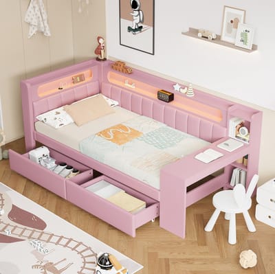 DESMIU Gestoffeerd Bed 90x200 cm – Met LED En USB – Met Bureau En 2 Laden – Voor Jeugdkamer Of Logeerkamer – Hout En Linnen – Roze – Zonder Matras