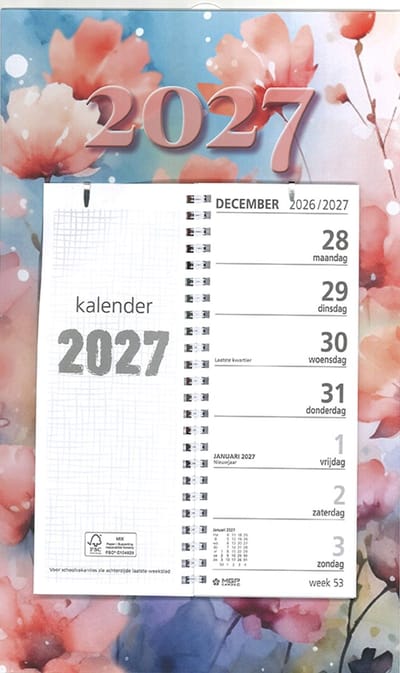 MGPcards - Omlegweekkalender 2027 - Week begint op maandag - 21 x 34 cm - Aquarel Bloemen - Roze