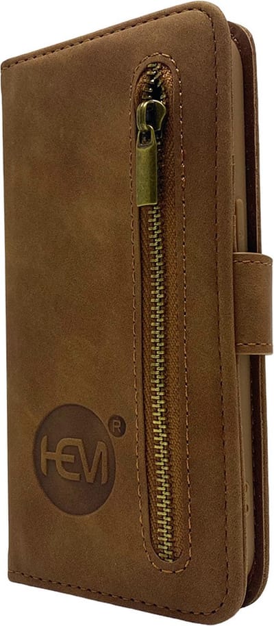 HEM Silky Brown Hoesje Geschikt Voor iPhone 14 En 15 – Luxe Bookcase Met Rits En Pasjeshouder – Bruin Telefoonhoesje