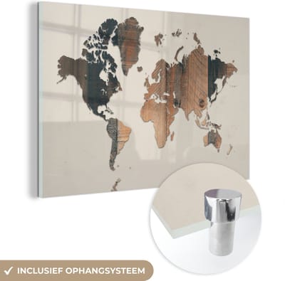 ® Glasschilderij 150x100 cm - Schilderij acrylglas - Wereldkaart - Houten - Beige - Foto op glas - Muurdecoratie woonkamer - Wanddecoratie slaapkamer - Schilderijen