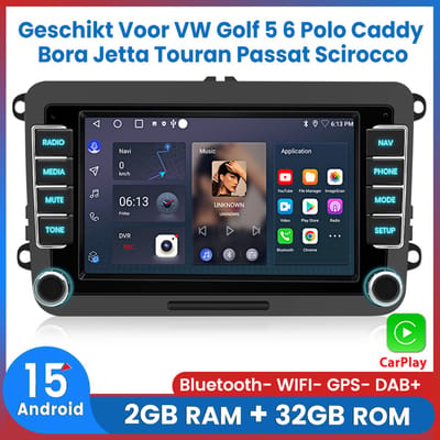 Awesafe Autoradio - Geschikt Voor VW Volkswagen Golf 5 6 Polo Caddy Bora Jetta Touran Passat Scirocco - Draadloos Carplay Android Auto - Android 15.0 Systeem - Radio met navigatie - 7 inch HD touchscreen - GPS Bluetooth Wifi - Ram 2GB+Rom 32GB