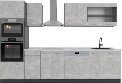Vicco R-Line Complete keukeneenheid – 300 cm met hoge kast, WB Marmer Beton/antraciet