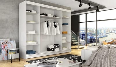 Kledingkast zwart 250x215x58 cm met spiegel 3 schuifdeuren moderne slaapkamer kast met 9 legplanken & kledingrek ruime schuifdeur garderobekast slaapkamer & woonkamer meubels Aston Vermissen