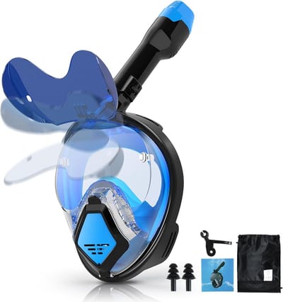 Volgelaatssnorkelmasker voor volwassenen – Snorkelset met Dry Top-systeem en opvouwbare zonnebril – Snorkeluitrusting met 180° panoramisch zicht – Duikmasker: lekvrij en condensvrij（Blauw，M）