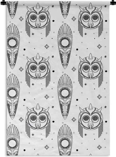 Wandkleed - Wanddoek - Maya - Maskers - Zwart-Wit - Patroon - 60x90 cm - Wandtapijt