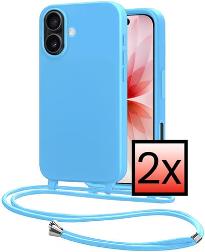 Hoes Geschikt voor iPhone 17 Met Telefoonkoord - Siliconen Hoesje Backcover Met Ketting - Lichtblauw - 2 PACK