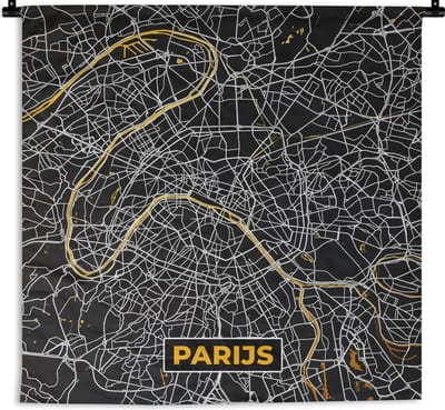 Wandkleed - Wanddoek - Kaart - Parijs - Stadskaart - Goud - Plattegrond - 180x180 cm - Wandtapijt