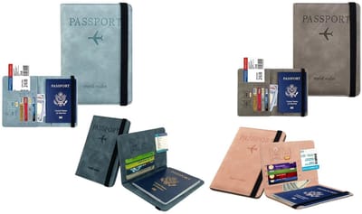 Mj Joys® - Paspoort Hoesje – Paspoorthouder – Paspoort Cover – Family Pack – Travel Wallet – RFID – Paspoortbeschermhoes – Passport cover – Reisportemonnee – Roze Blauw Grijs en Sea Blue