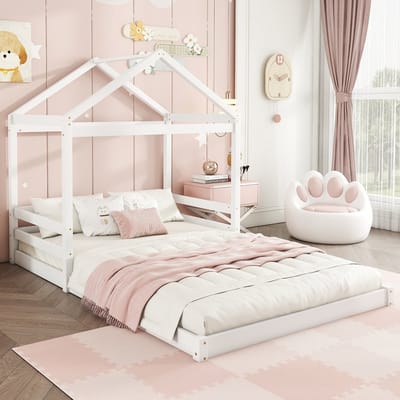 Sweiko Kinderbed, Huisbed, 140 x 200 cm, Huisvormige Wieg met Vlak noedelsframe (Zonder matras), Dennen, Minimalistische stijl, Wit