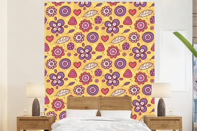 Behang - Fotobehang Patroon - Bloemen - Paars - Oranje - Breedte 225 cm x hoogte 280 cm