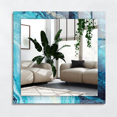 Wallfluent Spiegel - Abstracte Blauwe Kunst Vierkante Spiegel - 60x60 cm - Blauw Spiegel op gehard Glas - Stijlvolle spiegel met grafisch motief - Inloopkastspiegel - Badkamerspiegel - Toiletspiegel - Make-up Spiegel - Boho Spiegel - Hangspiegel