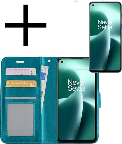 Hoesje - Met Screenprotector - Geschikt voor OnePlus Nord 2T - Luxe Pasjeshouder - Bookcase Portemonee - Flip Case - Kunstleer Book Case - Flipcase - Book Cover - Walletcase - Portemonneehoes - Turquoise