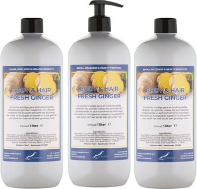 Body & Hair Fresh Ginger 1 Liter - met gratis pomp - set van 3 stuks - 2 in 1 voor lichaam en haar.