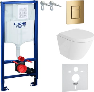 Inbouwreservoir Complete Toiletset Grohe Solido 39069000 - Inbouw WC Hangtoilet Wandcloset Sogo Wit Hoogglans - Bedieningsplaat Skate Cosmopolitan 38732GL0 Gouden - Voorwandelement