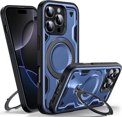Magsafe Hoesje Geschikt voor iPhone 16 Pro Hoesje Navy - Armor Hoesje met Met Draaibare Ring Houder