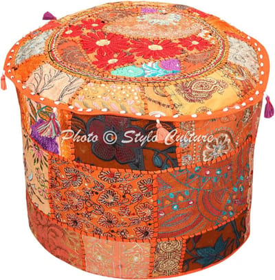 Thuys – Ronde Poefhoes – Vintage Patchwork – Oranje Katoen – Geborduurd Etnisch Design – 40 cm