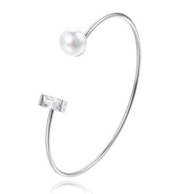 Zilverkleurige armband met Rechthoekige Zirkonia Steen en Imitatie Parel
