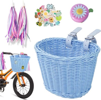 Afneembare Rieten Fietsmand voor Kinderen met Klokken en Luchtslangen - Meisjesfietsmand Accessoires (Blauw)