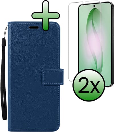 Hoesje Met 2x Screenprotector - Geschikt voor Samsung Galaxy S26 - Luxe Pasjeshouder - Bookcase Portemonee - Flip Case - Kunstleer Book Case - Flipcase Hoes - Book Cover - Walletcase - Portemonneehoes - Donkerblauw