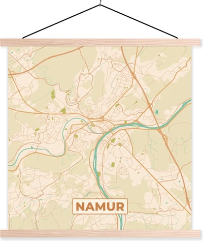 Posterhanger incl. Poster 40x40 cm - Schoolplaat - Kaart - Vintage - Plattegrond - Namur - Stadskaart - Textielposter - Blanke latten - Stadskaart